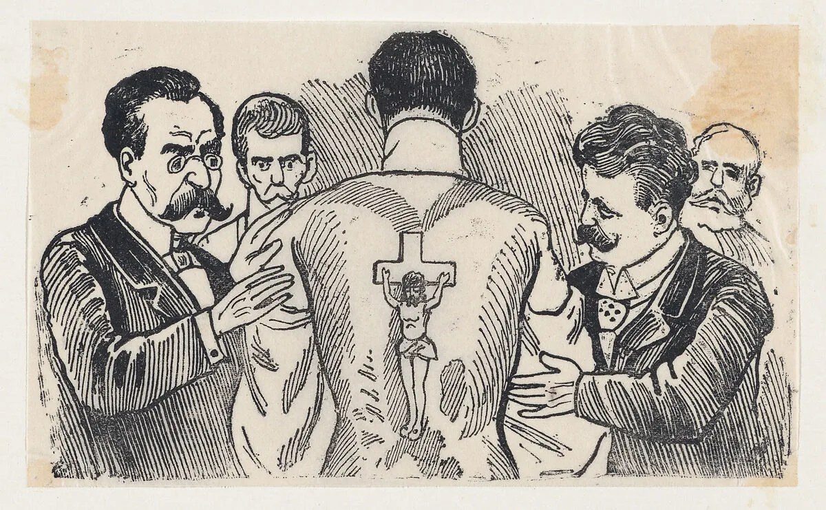 A group of men looking at a man's back with an image of the Crucifixion — José Guadalupe Posada