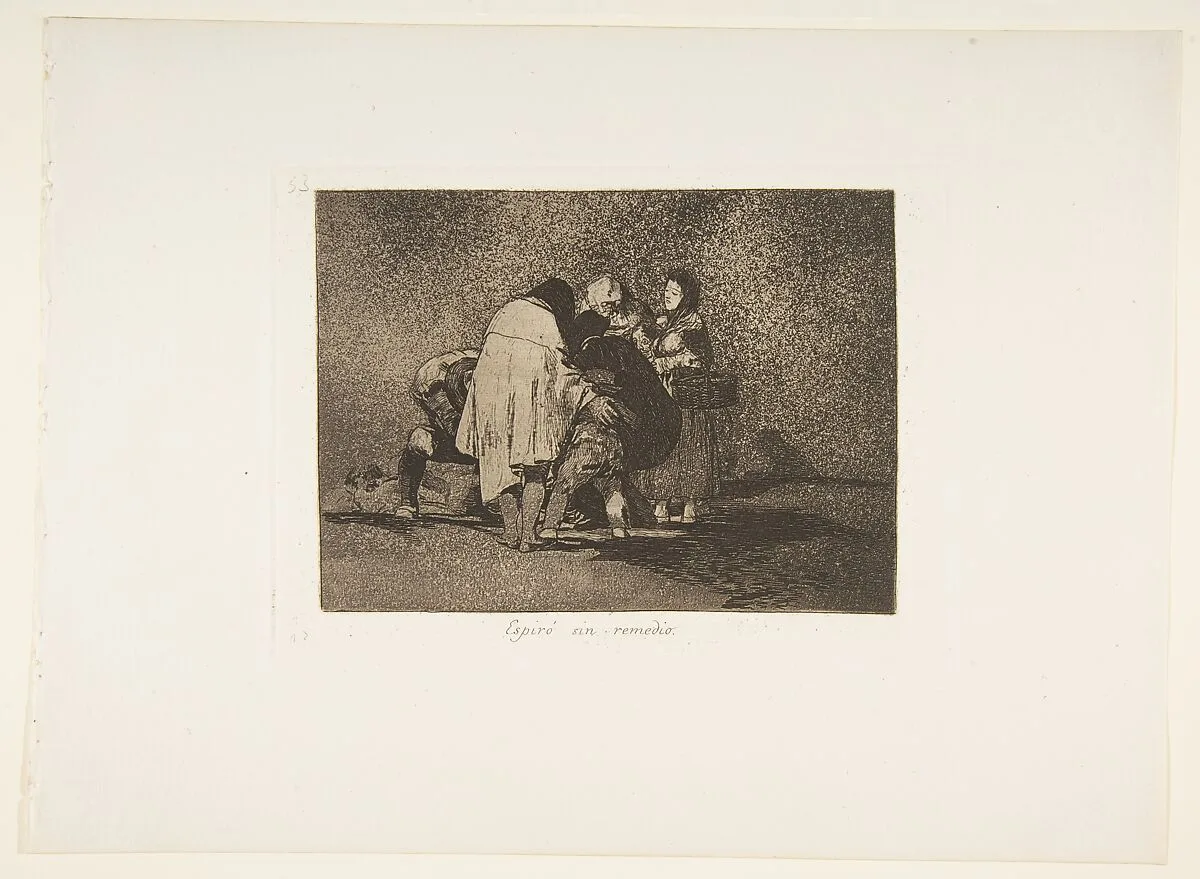 Plate 53 from "The Disasters of War" (Los Desastres de la Guerra): 'There was nothing to be done and he died' (Espiró sin remedio) — Goya (Francisco de Goya y Lucientes)