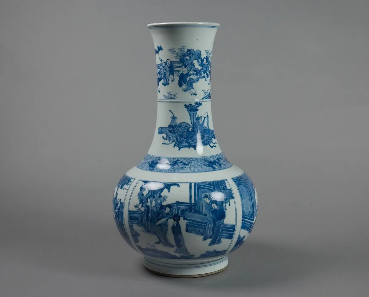 清康熙 景德鎮窯青花西廂記故事圖長頸瓶|Vase with scenes from Romance of the West Chamber — Unknown