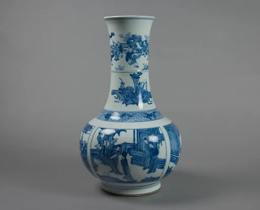 清康熙 景德鎮窯青花西廂記故事圖長頸瓶|Vase with scenes from Romance of the West Chamber