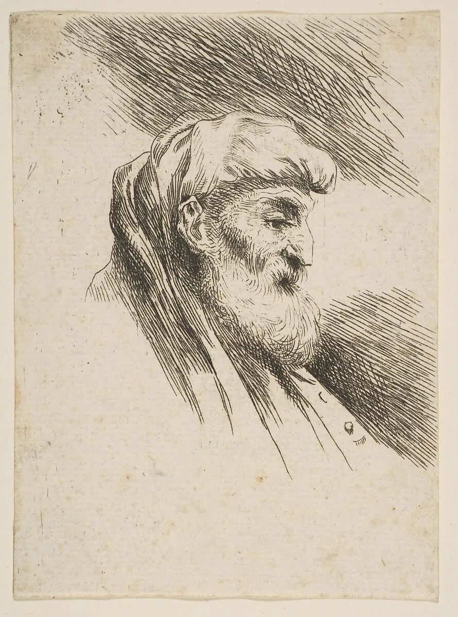 Head of an old bearded man facing right, from the series of 'Small Heads in Oriental Headdress' — Giovanni Benedetto Castiglione (Il Grechetto)