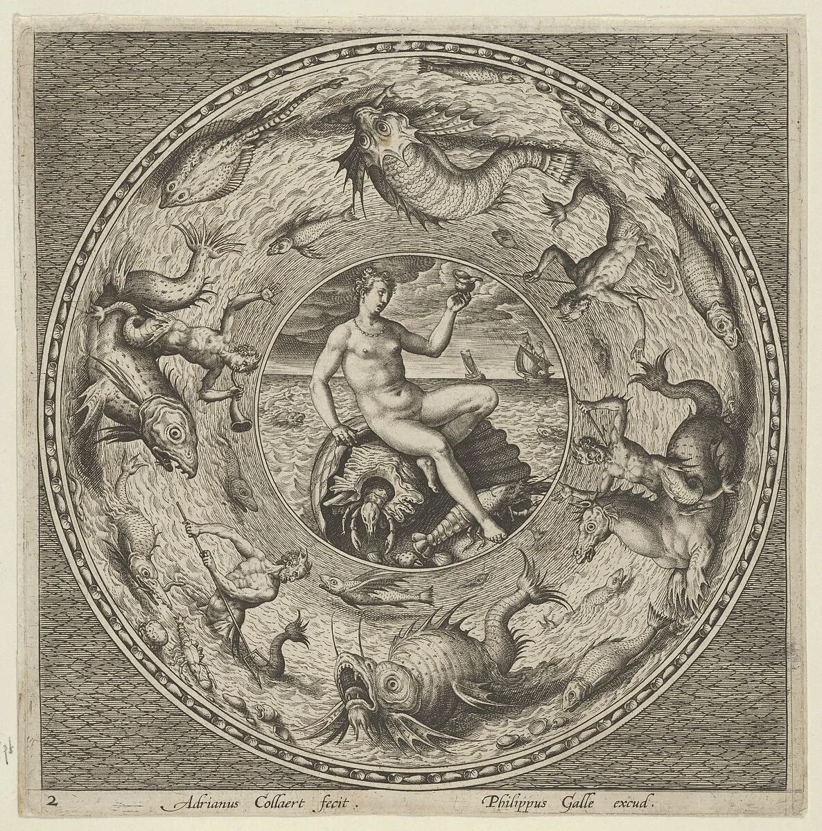 Design for a Plate with Thetis on a Shell in a Medallion Bordered by Sea Monsters — Adriaen Collaert|Philips Galle