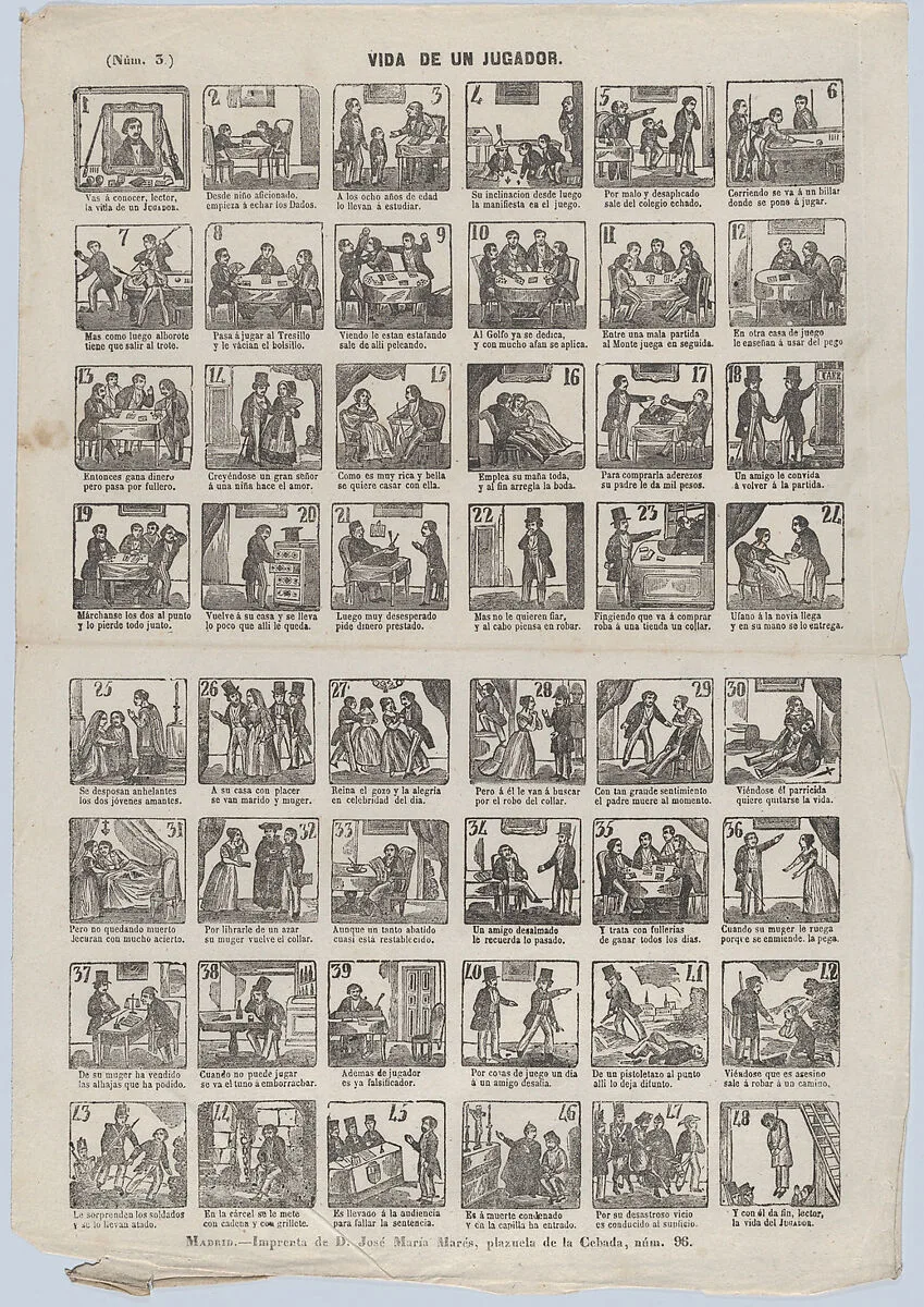 Broadside with 48 scenes depicting the life of a charlatan (player) — José María Marés