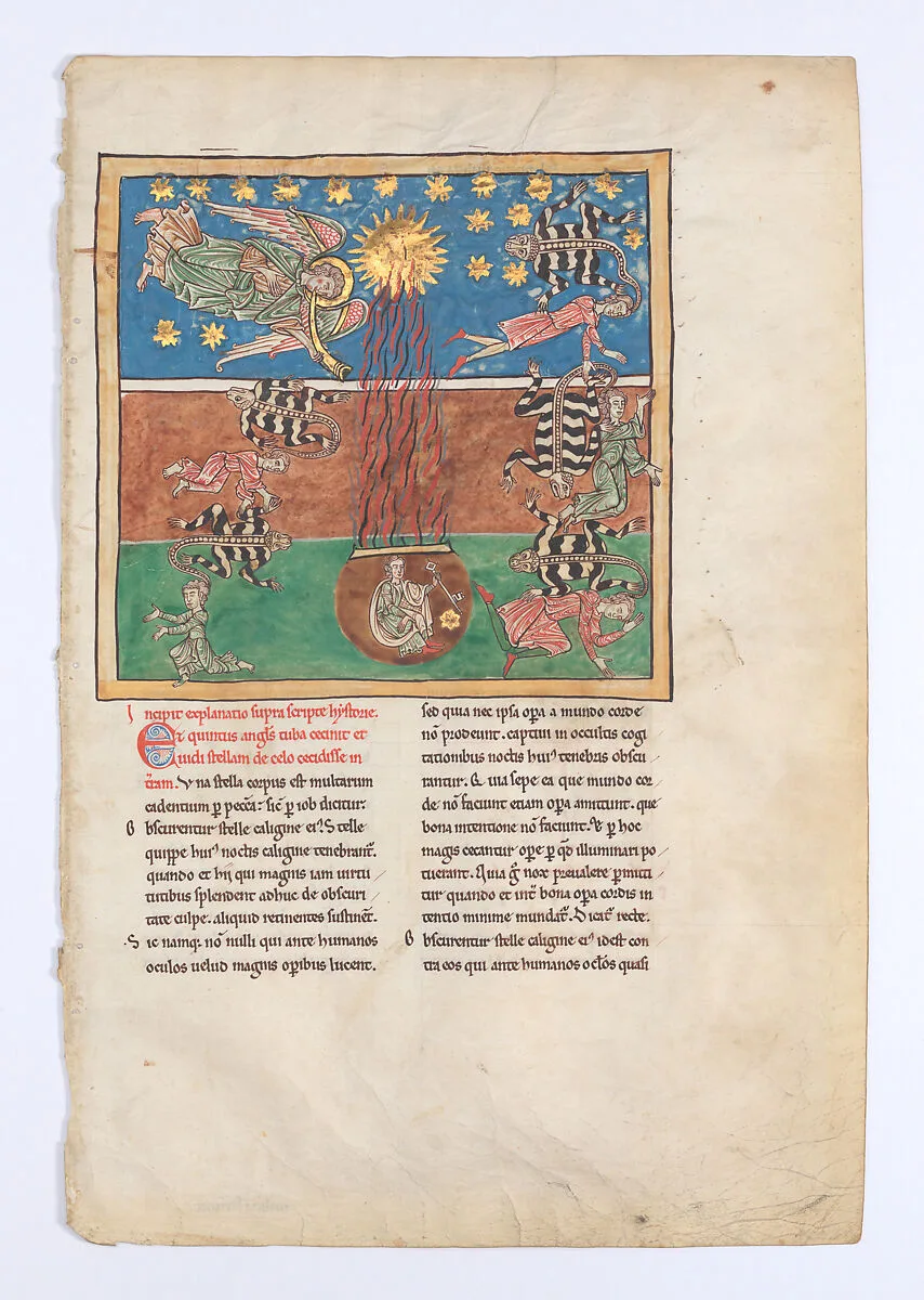 Leaf from a Beatus Manuscript: at the Clarion of the Fifth Angel's Trumpet, a Star Falls from the Sky; the Bottomless Pit is Opened with a Key; Emerging from the Smoke, Locusts Come Upon the Earth and Torment the Deathless — Unknown