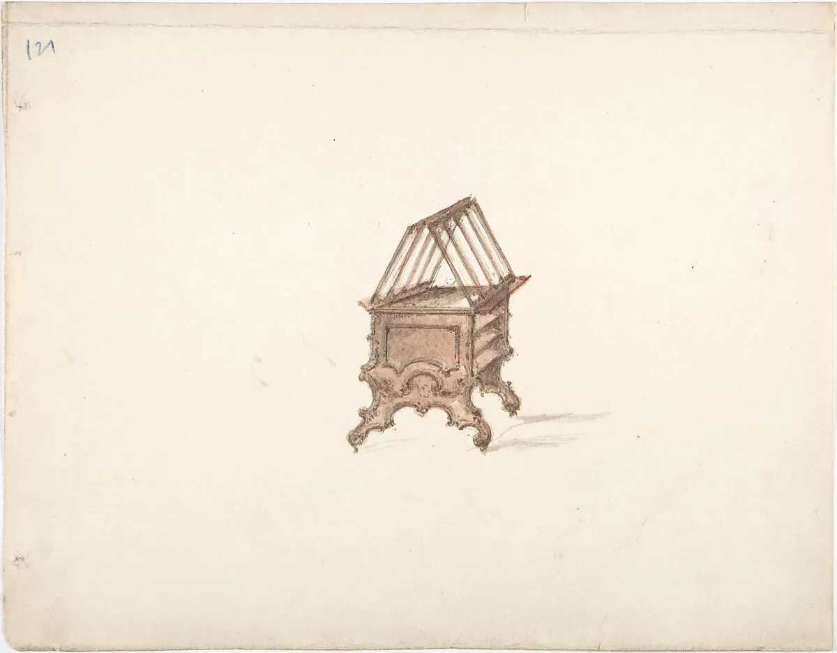 Design for a Two-sided Bookstand with Shelves (Verso: sketch) — Anonymous, British, 19th century