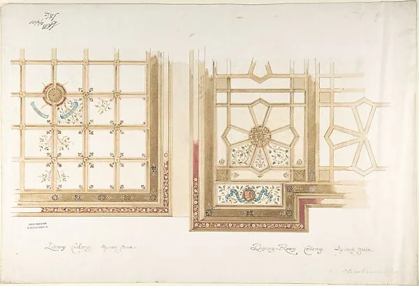 Design for Library or Dining Room Ceiling, Coffered and Painted Rust and Olive Green — John Gregory Crace|John Dibblee Crace
