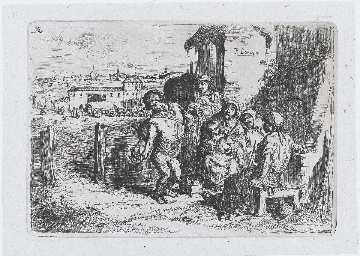 Plate 16: a group of people outdoors, including a man pouring wine or water from a vessel on his back, from the series of customs and pastimes of the Spanish people — Francisco Lameyer y Berenguer