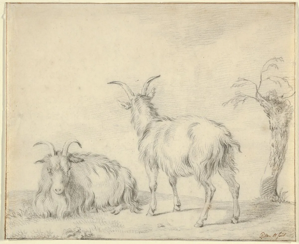A Standing and a Lying Goat Near a Small Tree — Pieter Gerardus van Os