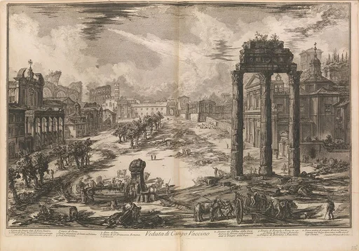 View of the Campo Vaccino (Roman Forum with the Temple of Castor and Pollux to right), from "Vedute di Roma" (Roman Views), part II