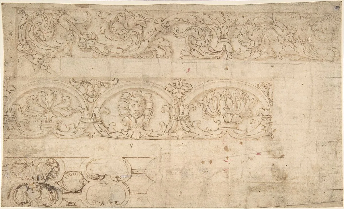 Ornamental Design after the Antique; Bands of Acanthus Rinceaux, Figurated Palmettes, and Shell Cartouches — Anonymous, Italian, 15th to 16th century