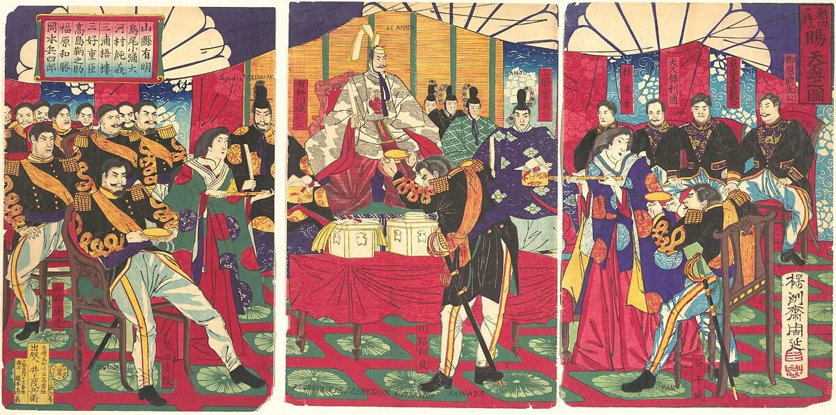 勲功之将天杯賜之図|Illustration of the Honored Commanders, Receiving the Emperor's Gift Cup (Kunkō no shō tenpai o tamau no zu) — Yōshū (Hashimoto) Chikanobu