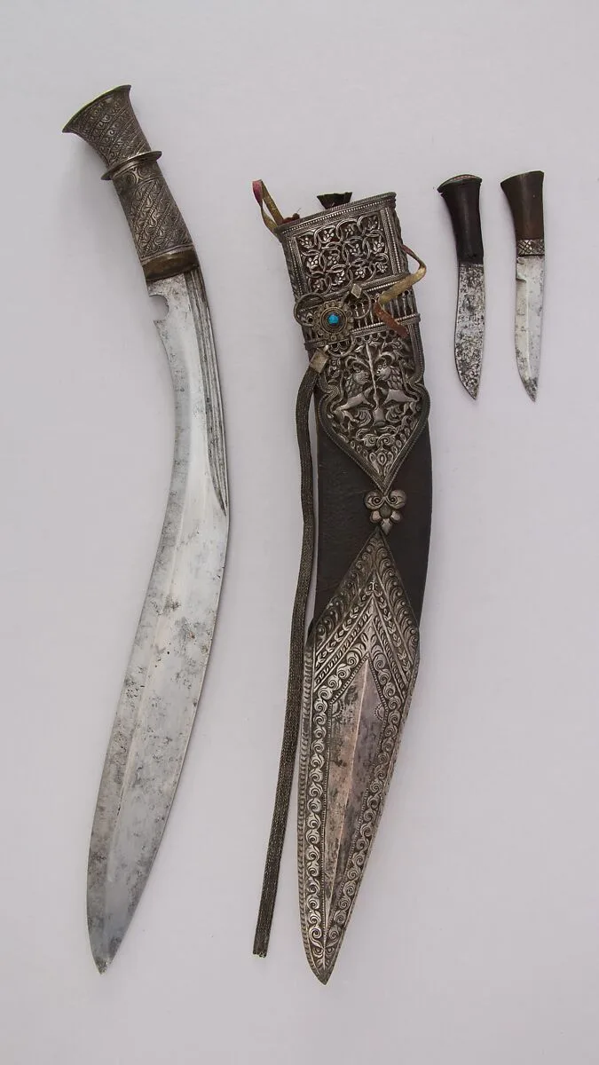 Knife (Kukri) with Sheath, Two Small Knives and Pouch — Unknown