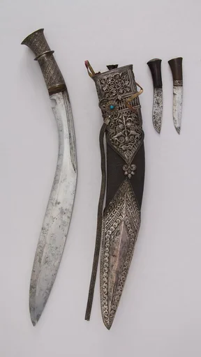 Knife (Kukri) with Sheath, Two Small Knives and Pouch