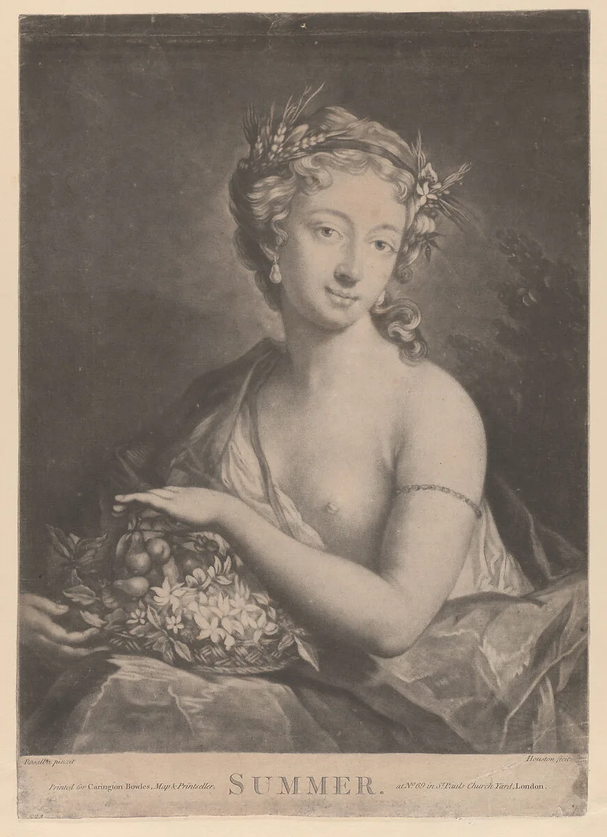 Summer: a woman holding a basket of flowers and fruit — Richard Houston|Carington Bowles I|Rosalba Carriera