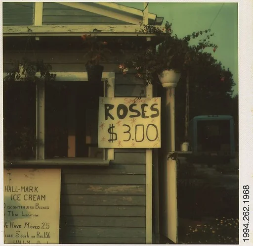 [Flower Shop Sign: "ROSES $3.00"]
