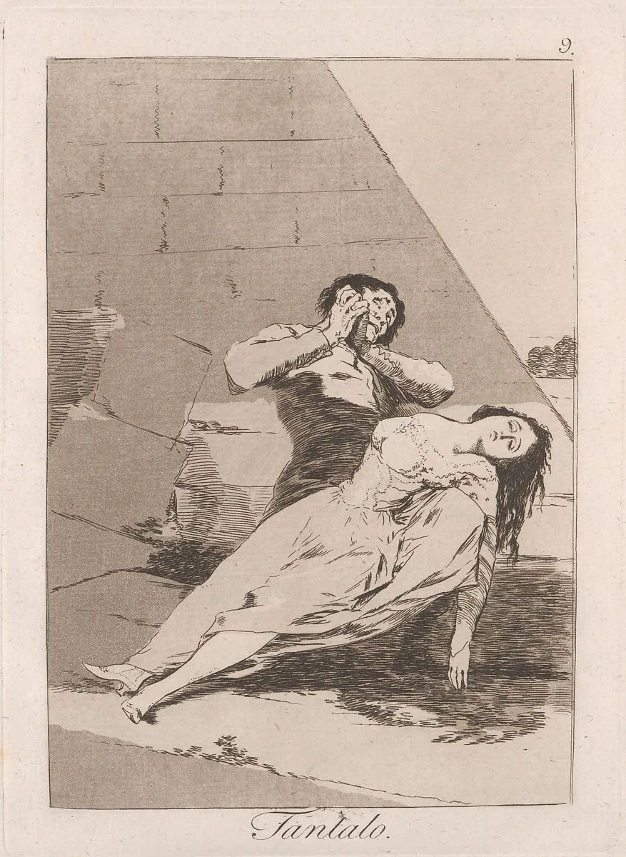 Plate 9 from "Los Caprichos": Tantalus (Tantalo) — Goya (Francisco de Goya y Lucientes)