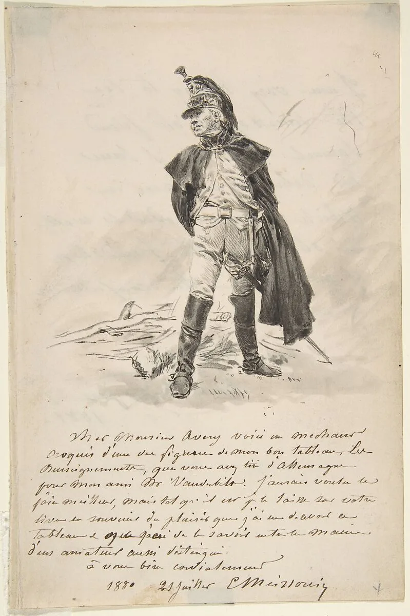 Letter to Samuel P. Avery with a drawing of a military figure — Ernest Meissonier
