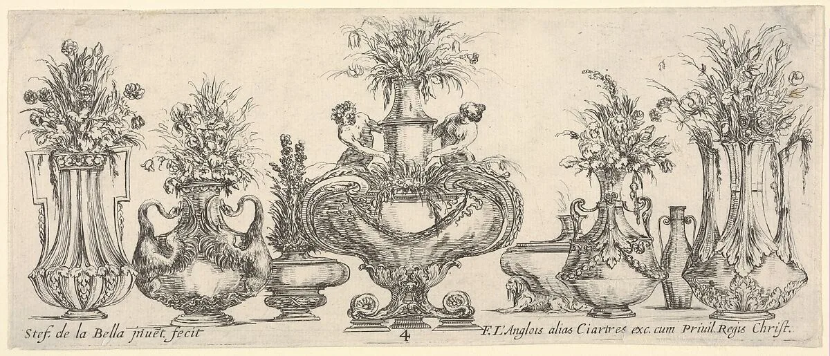 Eight vases, the largest one in center with sculptures of a nymph and a faun, Plate 4 from: 'Collection of Various Vases' (Raccolta di Vasi Diversi) — Stefano della Bella|François Langlois