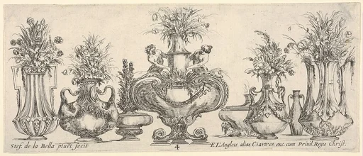 Eight vases, the largest one in center with sculptures of a nymph and a faun, Plate 4 from: 'Collection of Various Vases' (Raccolta di Vasi Diversi)