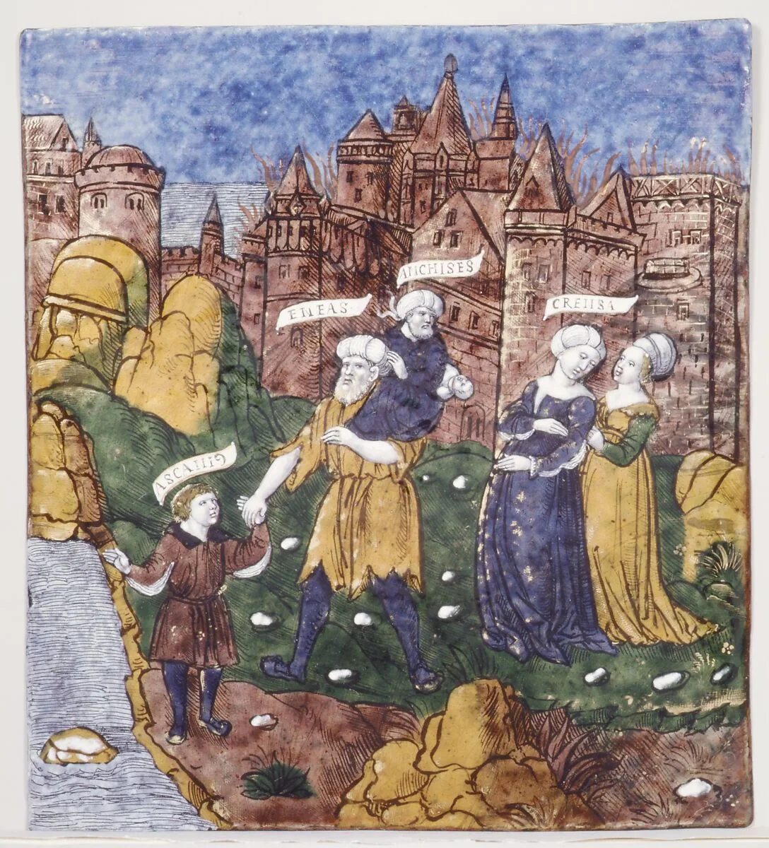 Aeneas Fleeing Troy with Anchises, Creusa, and Ascanias (Aeneid, Book II) — Master of the Aeneid