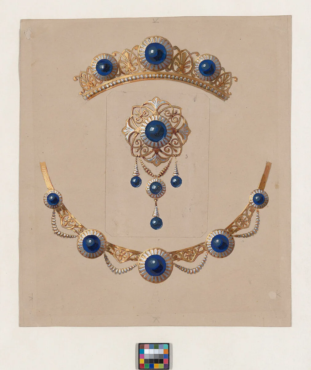 Parure of diadem, brooch and necklace with lapis lazuli and enamel — Alexis Falize