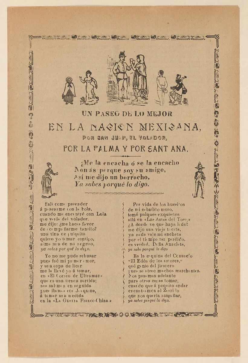 Broadside detailing a religious procession for Saint John and Saint Ana, multiple figures dancing and celebrating — Antonio Vanegas Arroyo|José Guadalupe Posada