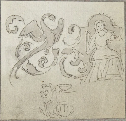 Sketch of Seated Female Figure with Foliate Decoration