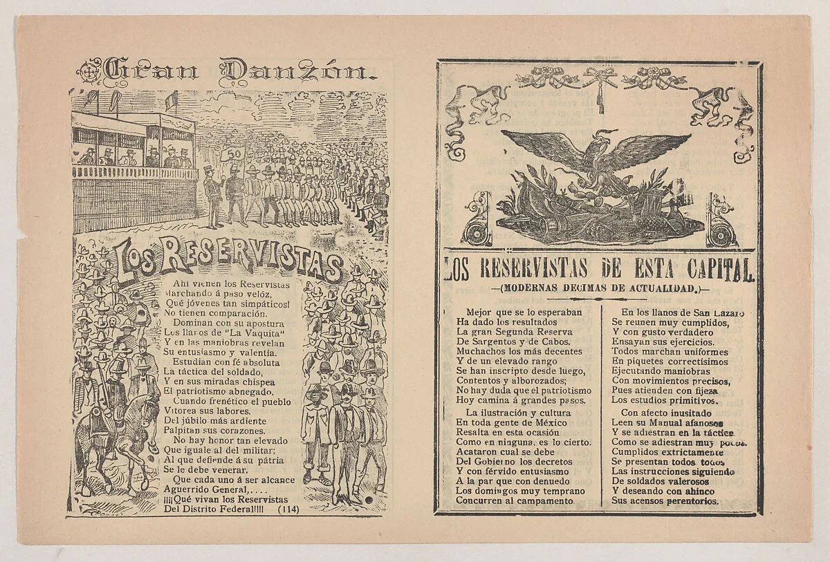 Broadsheet with a song about a military reserve, military personnel in formation — Antonio Vanegas Arroyo|José Guadalupe Posada