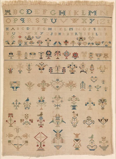 Amish sampler with lettering and motifs