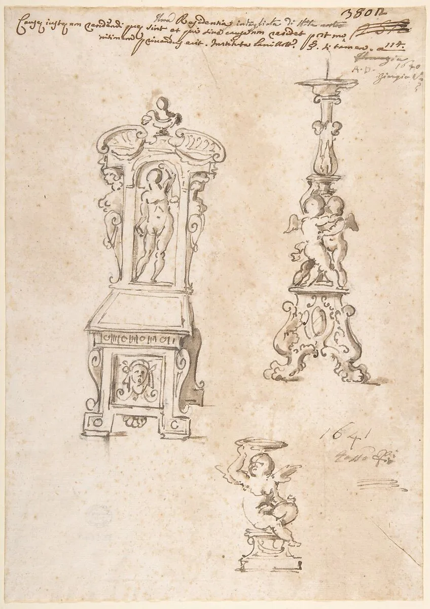 Design for a Chair, Candlestick and Putto Holding Basin — Anonymous, Italian, 17th century