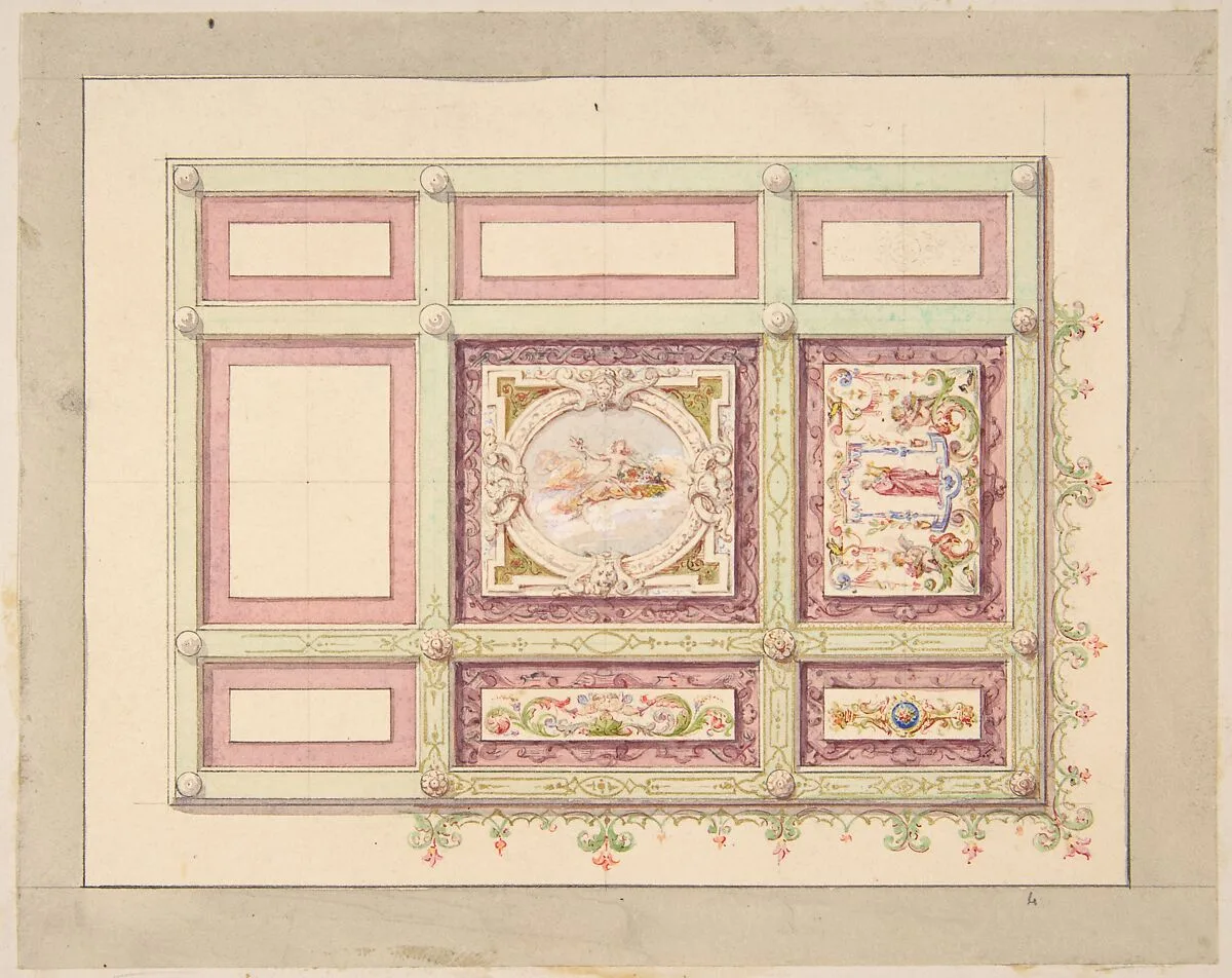Design for a ceiling with allegorical panels — Jules-Edmond-Charles Lachaise|Eugène-Pierre Gourdet
