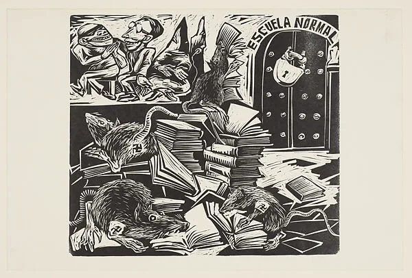 Rats marked with the Nazi Swastika devouring books, the padlocked 'Escuela Normal' at the right — Taller de Gráfica Popular|Alfredo Zalce