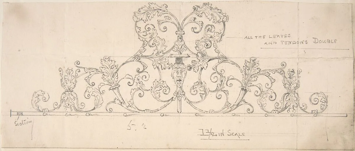 Wrought Metal Foliate Ornament with Grotesque Masks — Anonymous, British, 19th century