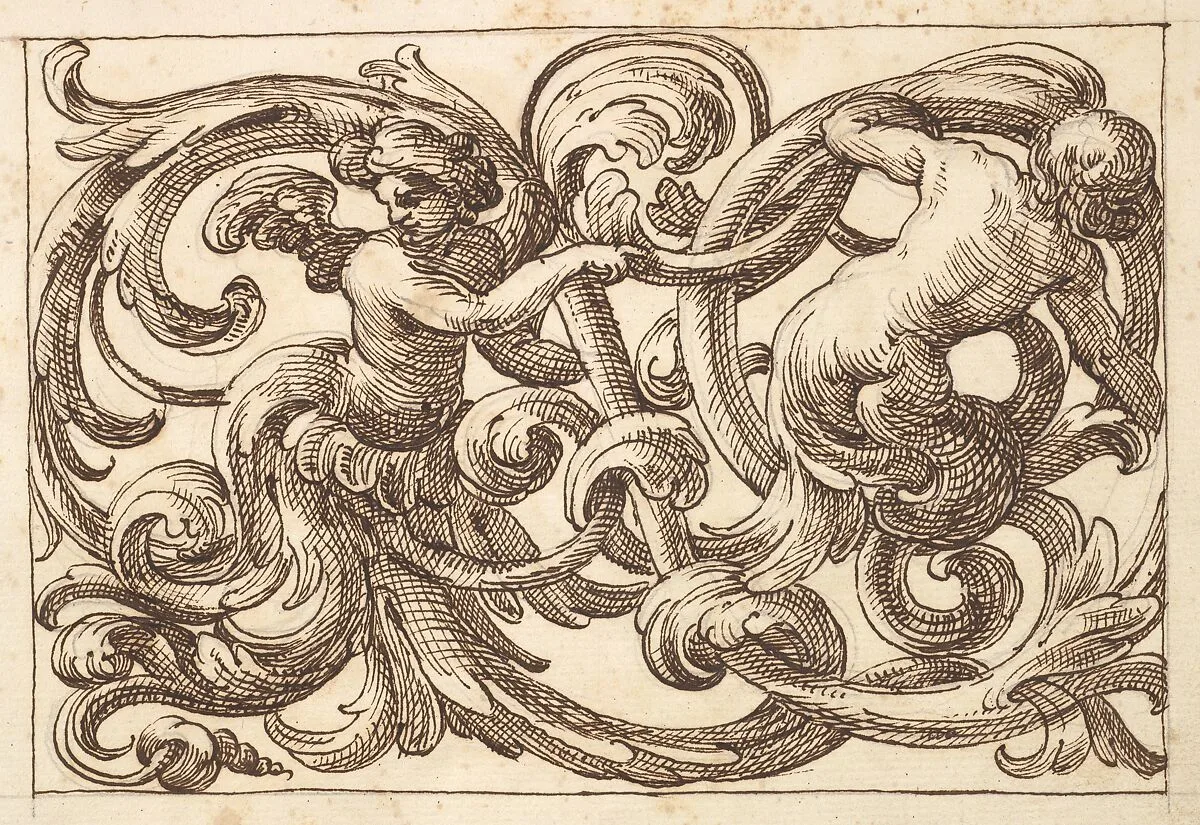 Horizontal Panel Design with Two Young Male Figures between Acanthus Rinceaux — Polifilo Giancarli|Anonymous, Italian, Venetian, 17th century