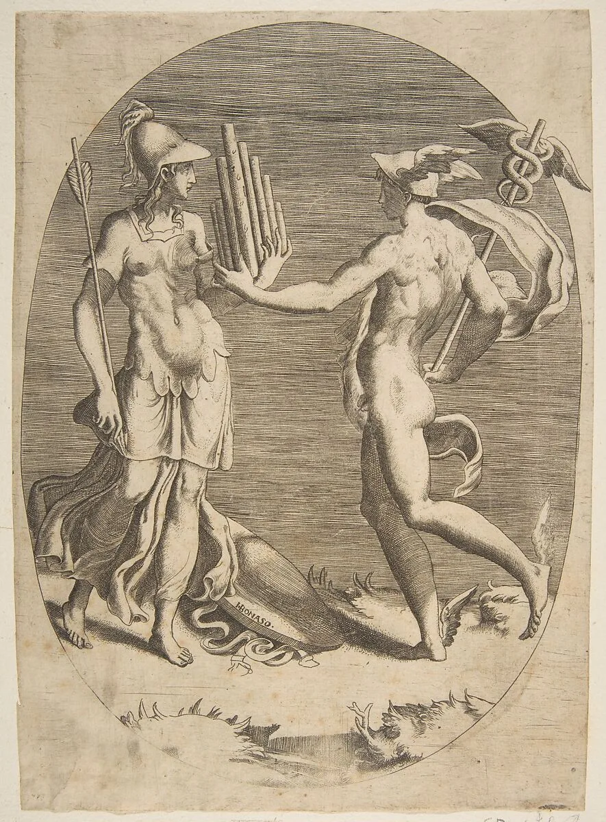 Mercury presenting a panpipe to Minerva who stands at left, an oval composition — Giulio Bonasone|Parmigianino (Girolamo Francesco Maria Mazzola)