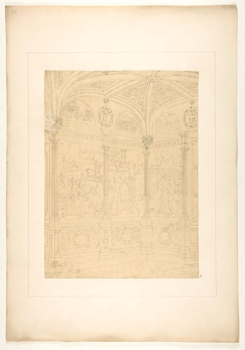 Elevation of the corner of a room decorated with Renaissance-style murals and carved woodwork — Jules-Edmond-Charles Lachaise|Eugène-Pierre Gourdet