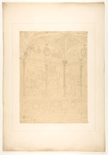 Elevation of the corner of a room decorated with Renaissance-style murals and carved woodwork