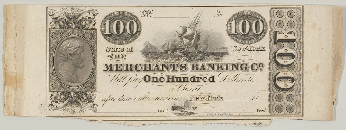 Proof of one side of a New York Merchants Banking Company 100 Dollar Bill — Asher Brown Durand|A. B. & C. Durand & Company|Cyrus Durand
