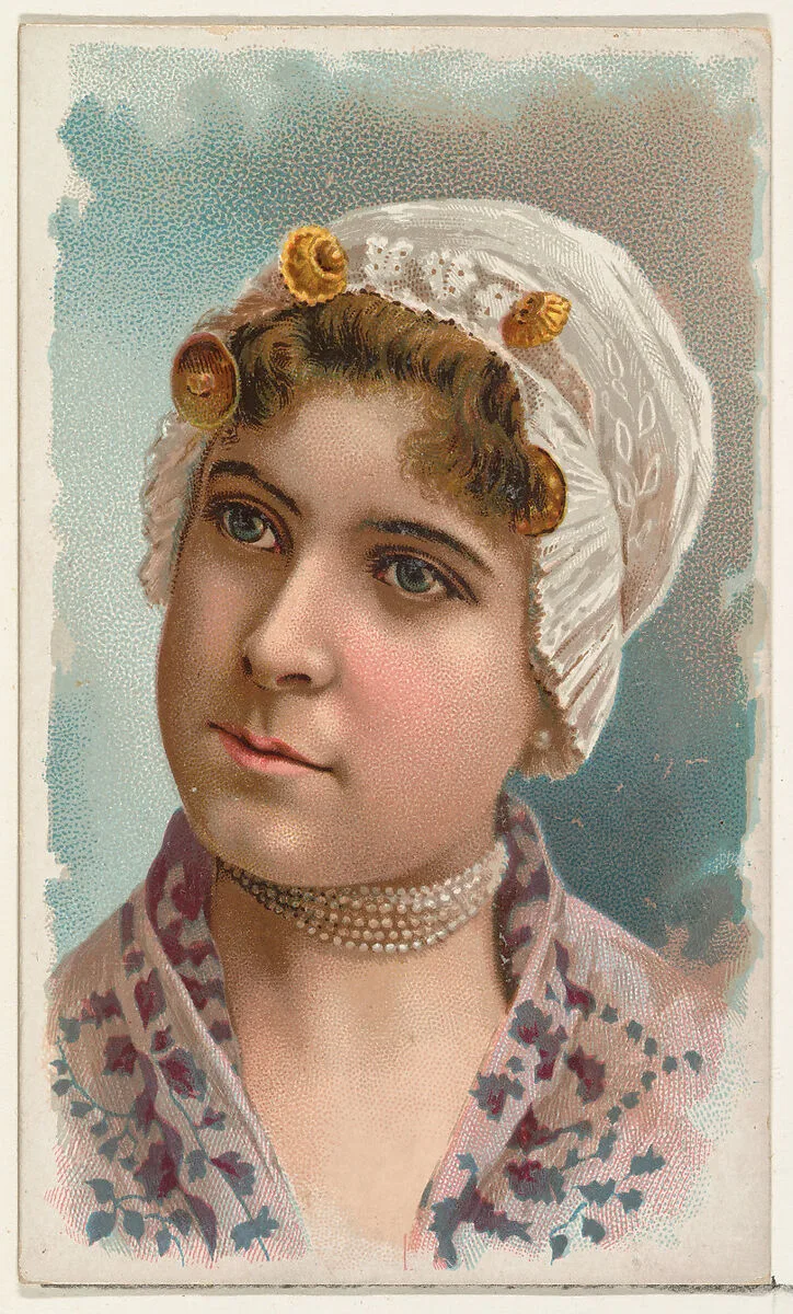 Actress wearing white lace cap, from Stars of the Stage, First Series (N129) issued by W. Duke, Sons & Co. to promote Honest Long Cut Tobacco — W. Duke, Sons & Co.|Knapp & Company