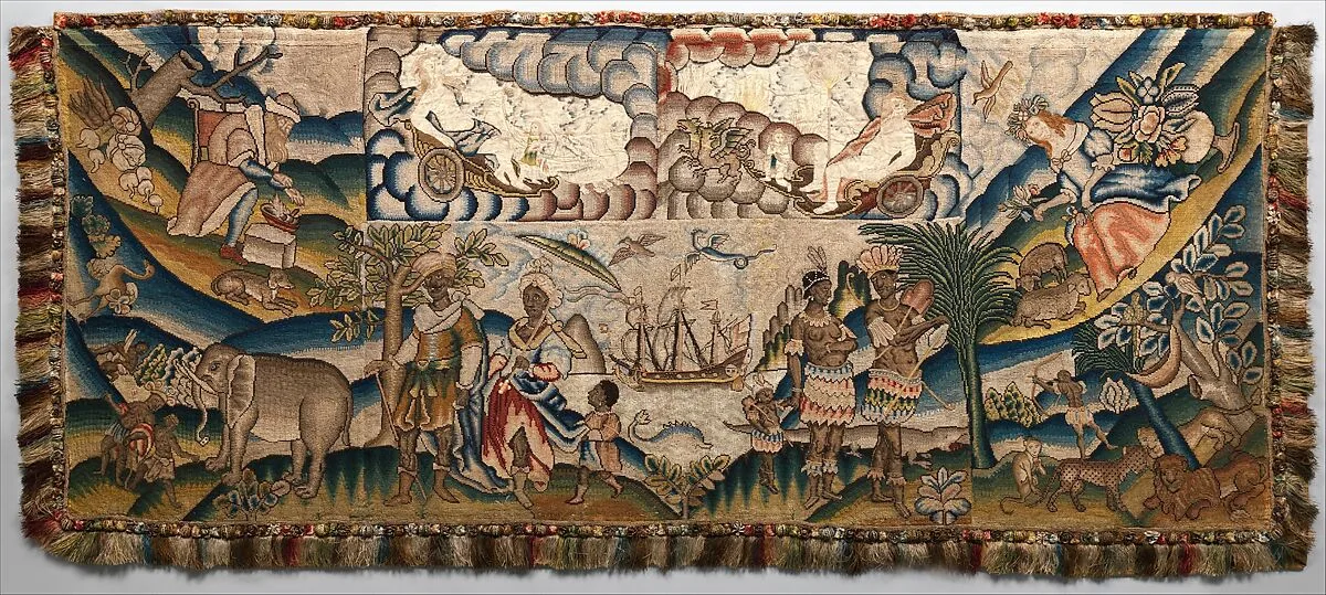 Panel from a table carpet showing the Four Continents, the Seasons, and Four Planets — Unknown