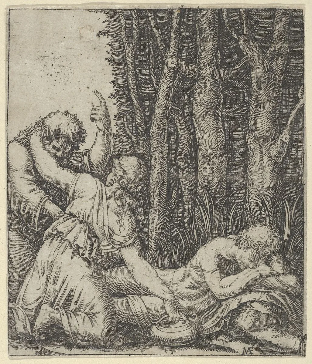 Man sleeping at the edge of a wood with a woman knealing at his side with one hand on a pot and the other on the shoulder of an old man who gestures with left hand towards the sky — Marcantonio Raimondi|Francesco Francia