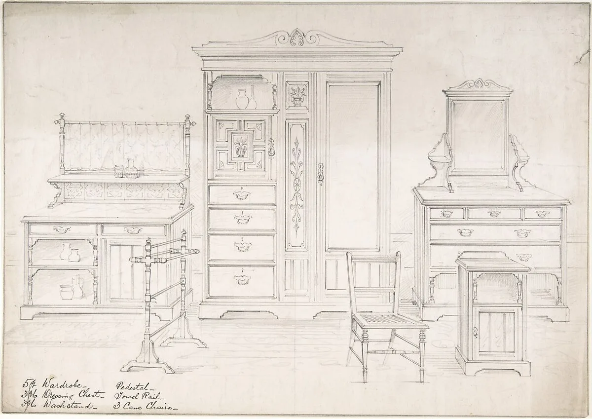 Designs for a Wardrobe, Dressing Chest, Wash Stand, Pedestal, Towel Rail and Cane Chairs — Anonymous, British, 19th century