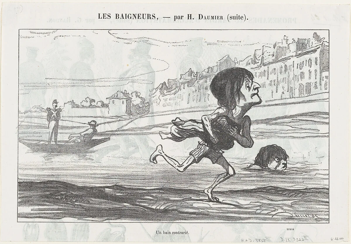 A forbidden swimming pleasure, from 'The bathers,' published in Le Petit Journal pour Rire, August 6, 1864 — Honoré Daumier