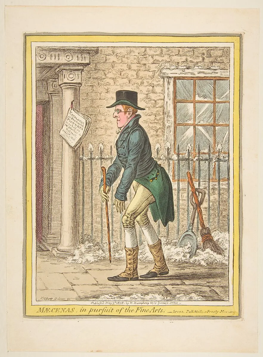 Maecenas, in pursuit of the Fine Arts.–Scene, Pall Mall; a Frosty Morning — James Gillray|Hannah Humphrey