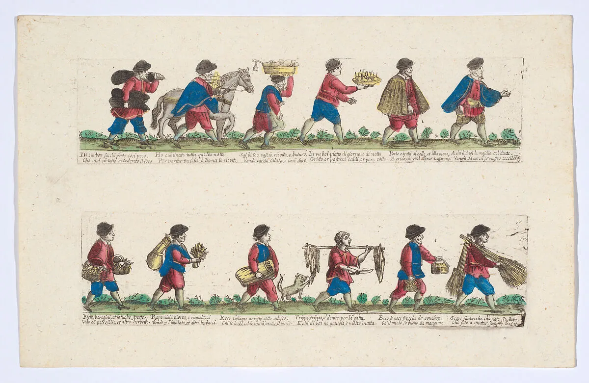 Plate 5 (second group) depicting the trades of Rome, here including vendors of coal, cheese, tripe etc, from the 'Descrición de las artes que se llaman para los calles de la ciudad de Roma' — Remondini|Giovanni Ambrogio Brambilla