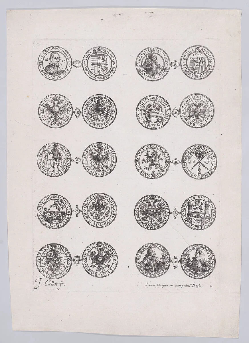 2nd Plate, Featuring 10 Coins Issued by European Princes in the 16th and 17th centuries, from Les Monnaies (The Currencies) — Jacques Callot|Israel Silvestre