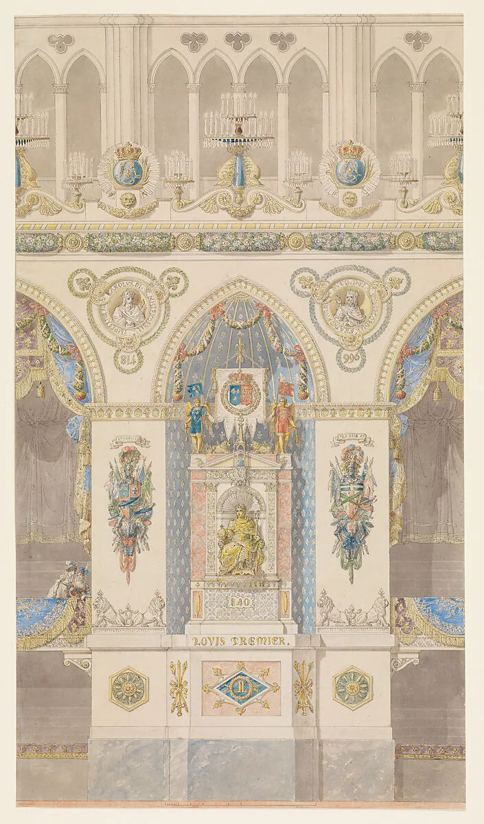 Interior Elevation of Reims Cathedral with a Statue of King Louis I — Charles Percier|Pierre François Léonard Fontaine