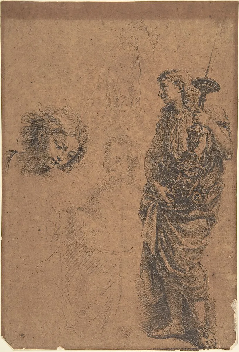 Studies: Figure Holding a Candlestand, Woman with Left Arm Extended, Head Looking Down towards the Right, Kneeling Woman — Anonymous, Italian, Roman-Bolognese, 17th century