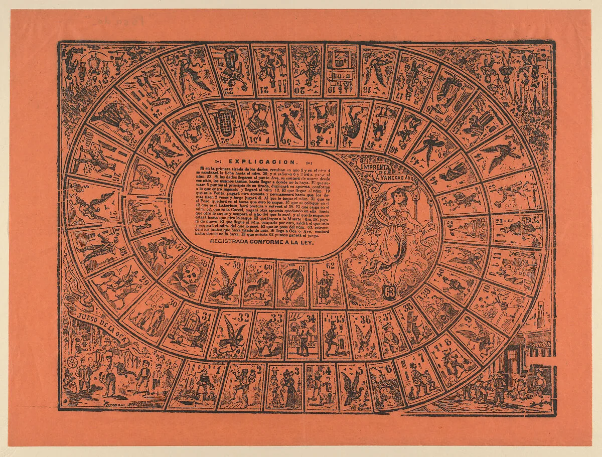 Game of the Goose, with the rules printed in the center — José Guadalupe Posada