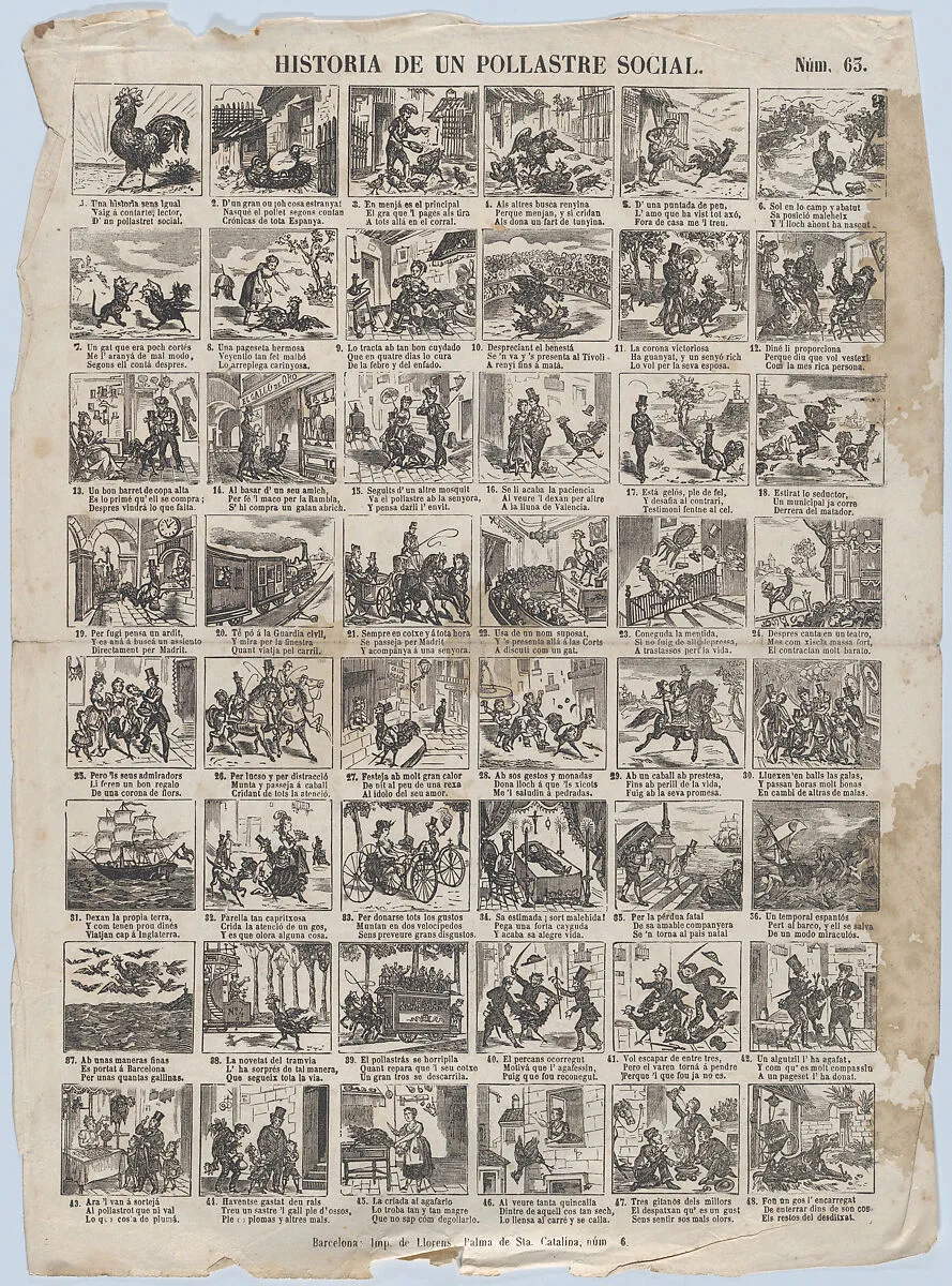 Broadside with 48 scenes telling the story of the chicken (social advancement and decline) — Juan Llorens